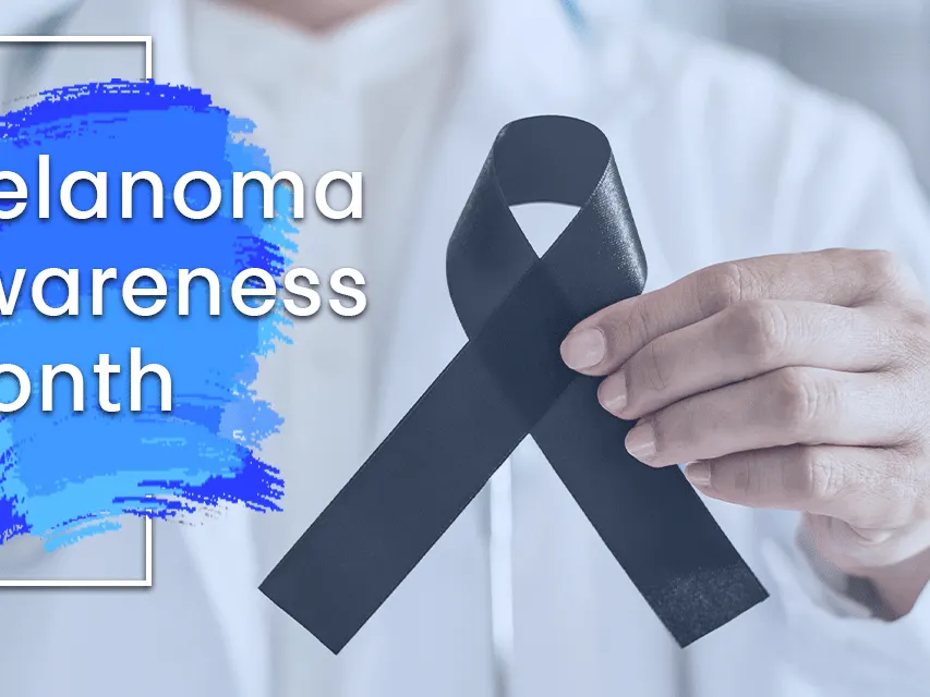 A hand holding a black ribbon, with the text Melanoma Awareness Month.