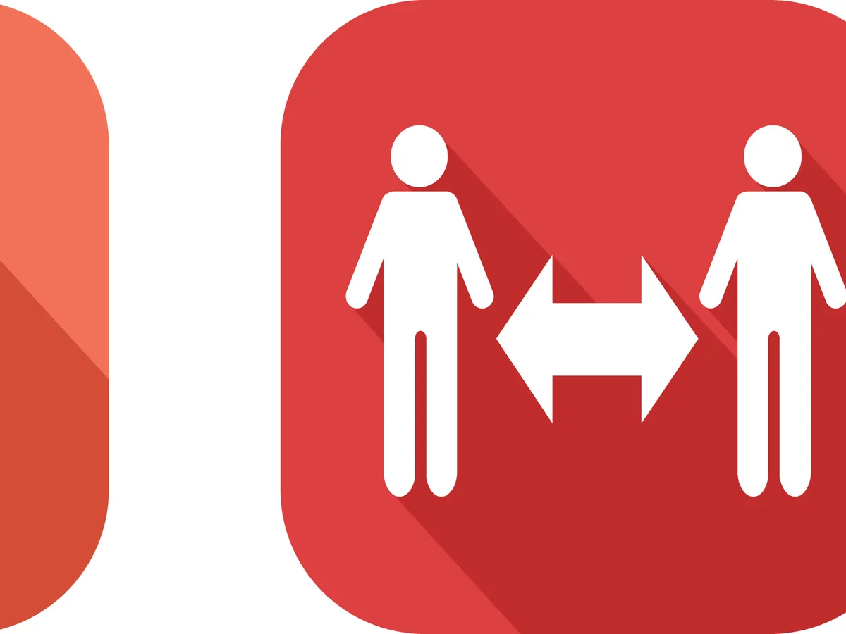 Three icons: a face mask with a cross, a hand sanitizer pump, and two figures with an arrow between them.
