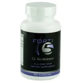 Suplemento dietético para el cabello 5 en 1 Forti5 de Q-Skin Science, un frasco blanco de 60 cápsulas con etiqueta negra.