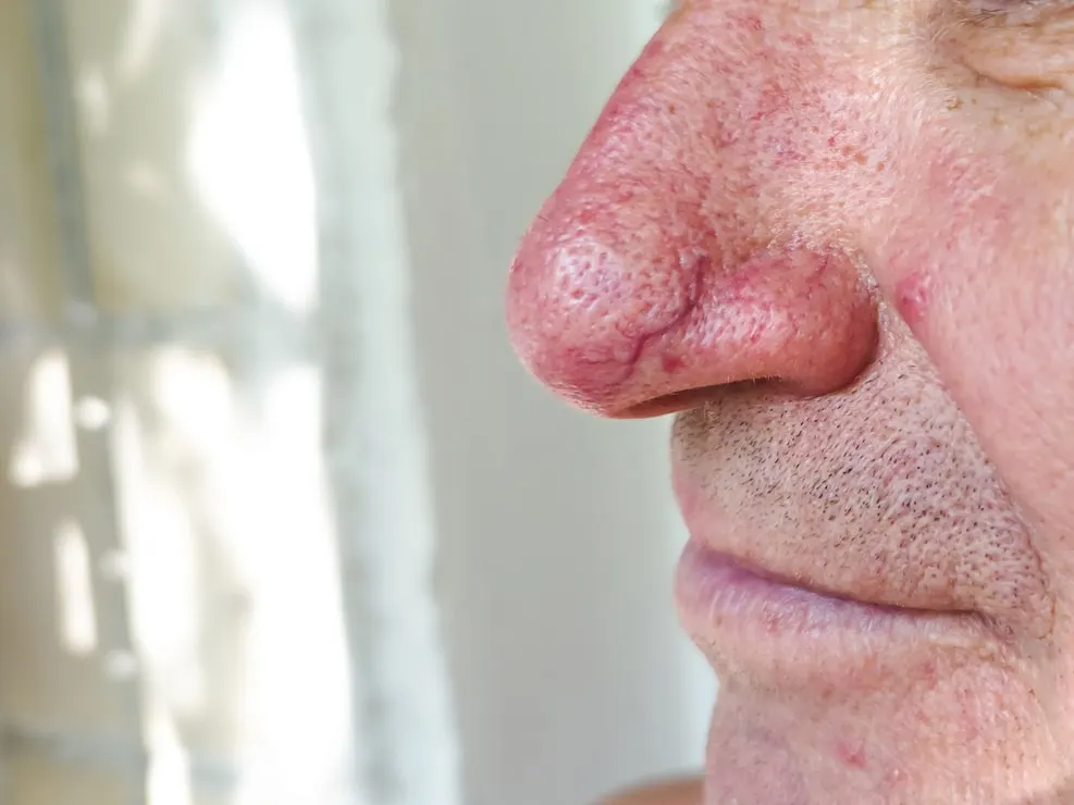 Close-up of an older adult with redness, thickened skin, and enlarged pores on the nose consistent with rhinophyma.