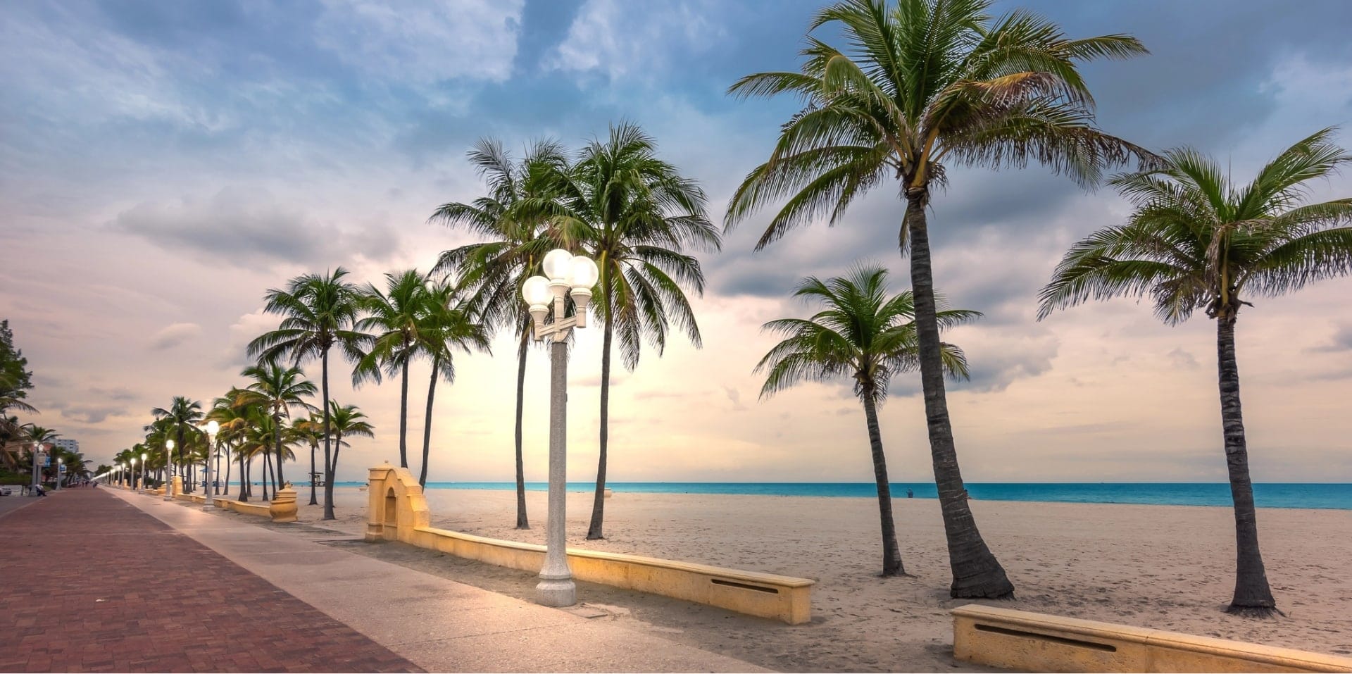 Palm trees and lamp posts along the Hollywood Beach Broadwalk at dusk