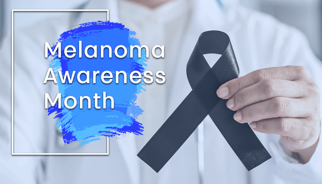 A hand holding a black ribbon, with the text Melanoma Awareness Month.