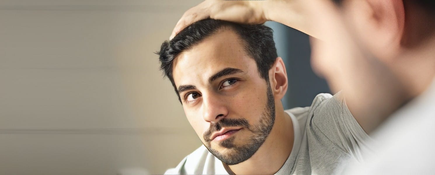 A man checks his hairline in the mirror